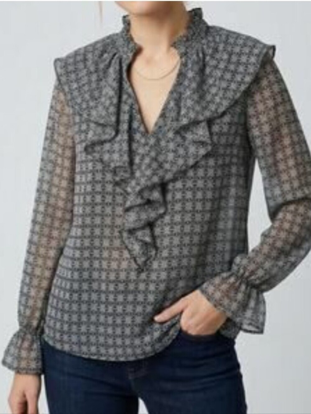 LOFT Womens Gray Blue Ruffled Long Sleeve Shirt Top Blouse V-Neck Sz L